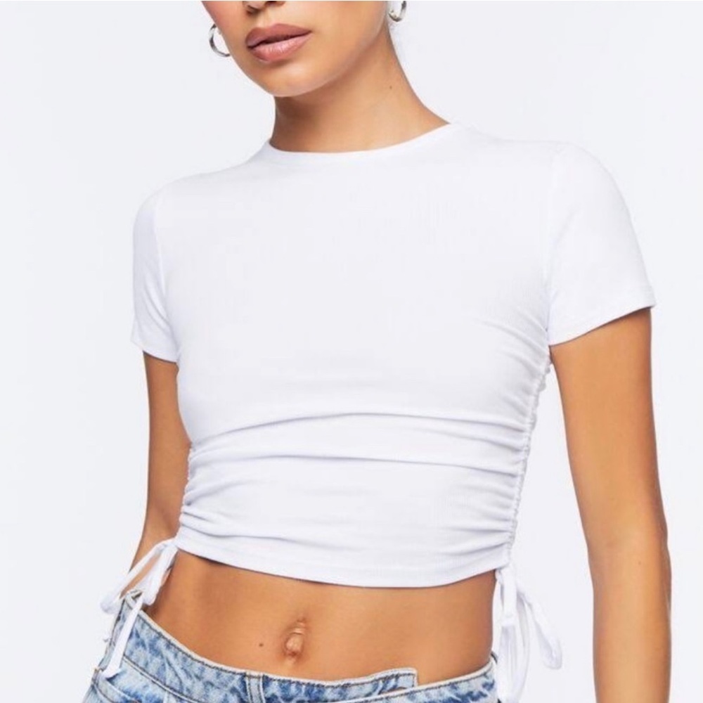 Zara Ribbed Baby Tee with Cinched Side Ties in White Size S